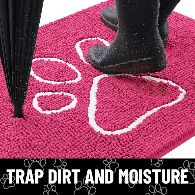 Smiry Dog Door Mat for Muddy Paws, Absorbent Dirt Trapper Non Slip Quick Dry Washable Chenille Mat for Mud Dogs, Entry Rug for Indoor and Outdoor (30x20 Inches, Hot Pink and White)