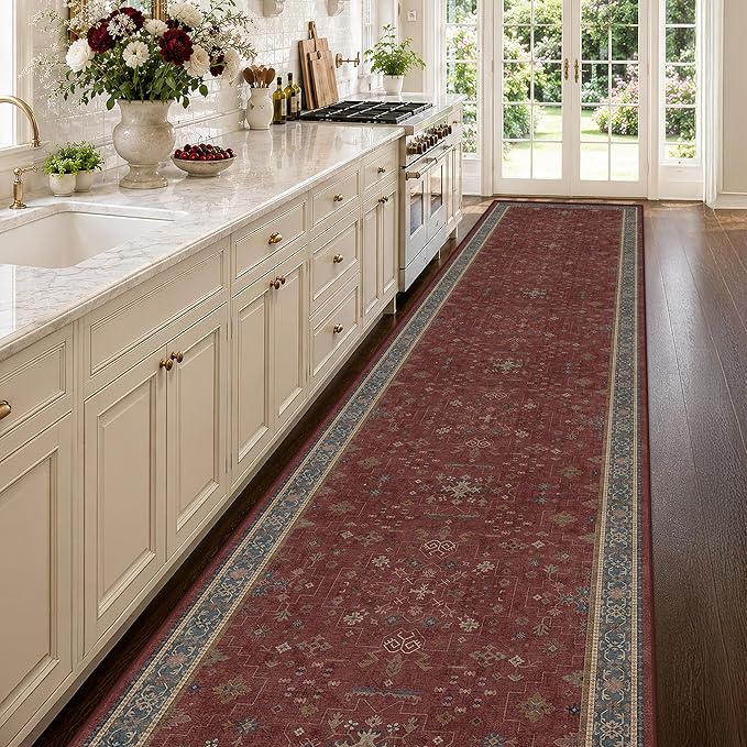Large Burgundy 3x12 Long Runner Rug for Hallway - Washable Kitchen Rug, Low Pile Thin Carpet for Bedroom Bedside, Foyer, Non Slip Unique Bohemian Red Décor