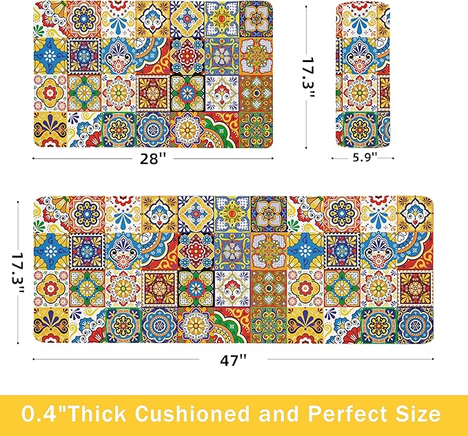 Boho Kitchen Rugs Set 2 Memory Foam Colorful Ceramic Comfort Tile Floor Mat Anti Fatigue Non-Skid PVC Runner Rug Water & Oil Proof Carpet for Kitchen Laundry Sink,17.3x28+17.3x47 Inch, C2