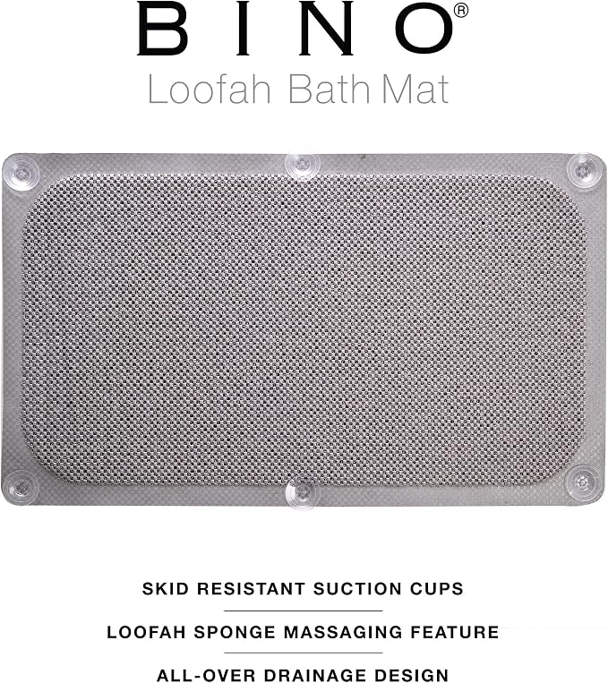 BINO | Loofah Non-Slip Bath Mat for Tub - Light Grey | Spa-Inspired Comfort, Quick-Drying, Secure Suction Cups | Exfoliating Shower Mat for a Luxurious and Safe Bathing Experience
