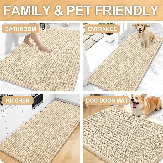 OLANLY Bathroom Rug Mat 24x16, Thick Soft and Absorbent Chenille Bath Mat, Non-Slip Rubber Backing, Machine Washable Quick Dry Bath Rugs for Tub Shower Floor, Home Decor Accessories, Beige
