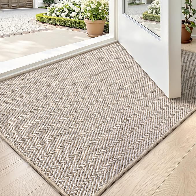 LUMI Ultra Thin Indoor Door Mat for Entrance 24"x36", Non Slip Entryway Mat, Low Profile Doormat, Unique Herringbone Design Carpet for Inside, Patio, Porch, Beige