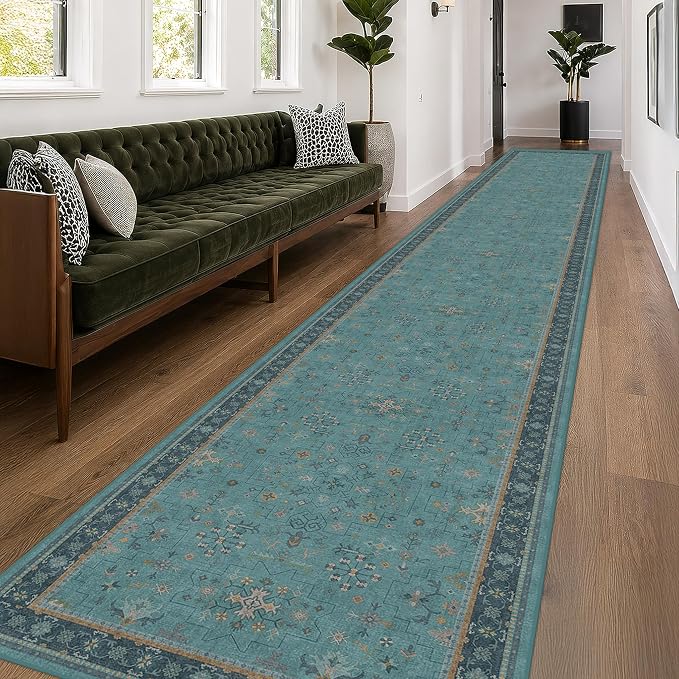 Hazo Haus Boho 3x20 Extra Long Hallway Runner Rug - Non Slip Waterproof Kitchen Floor Mat - Modern Teal Green Eclectic Floral Design Décor