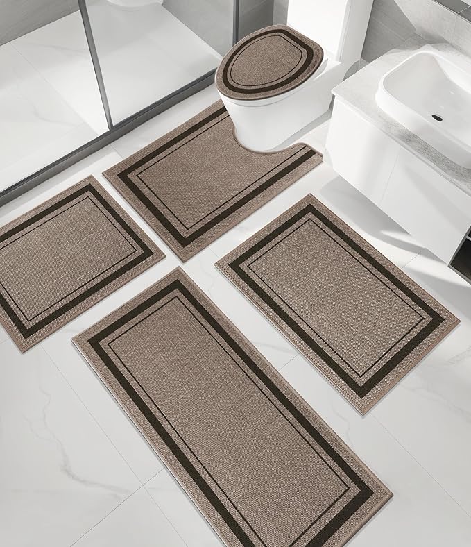 chakme 5 Piece Bathroom Rug Sets, Ultra Thin Bath Mat Quick Dry, Absorbent Non Slip Machine Washable, Dark Beige, 17" x 24" Geometric