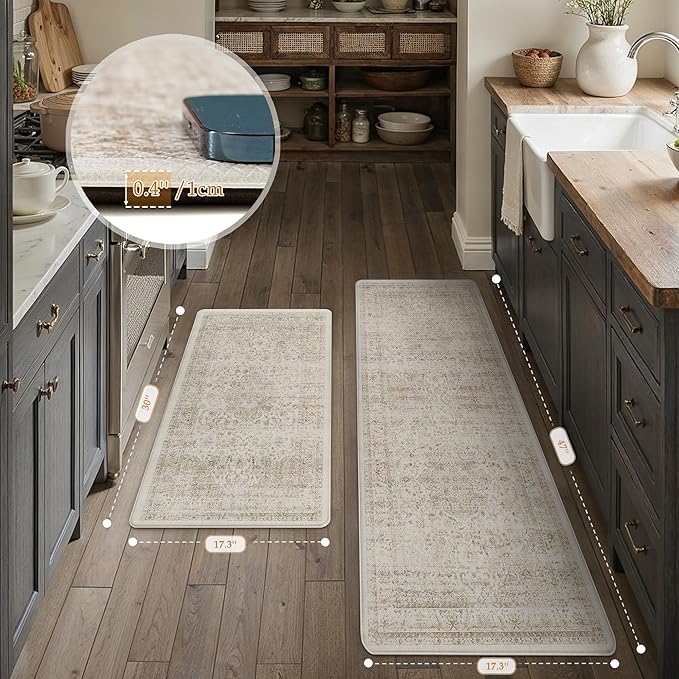 Vintage Kitchen Mats for Floor Anti Fatigue Waterproof Kitchen Rugs Sets of 2 Beige Cushioned Non-Slip Kitchen Mats Comfort Standing Mat for Sink Laundry Office 17.3"×47"+17.3"×30"