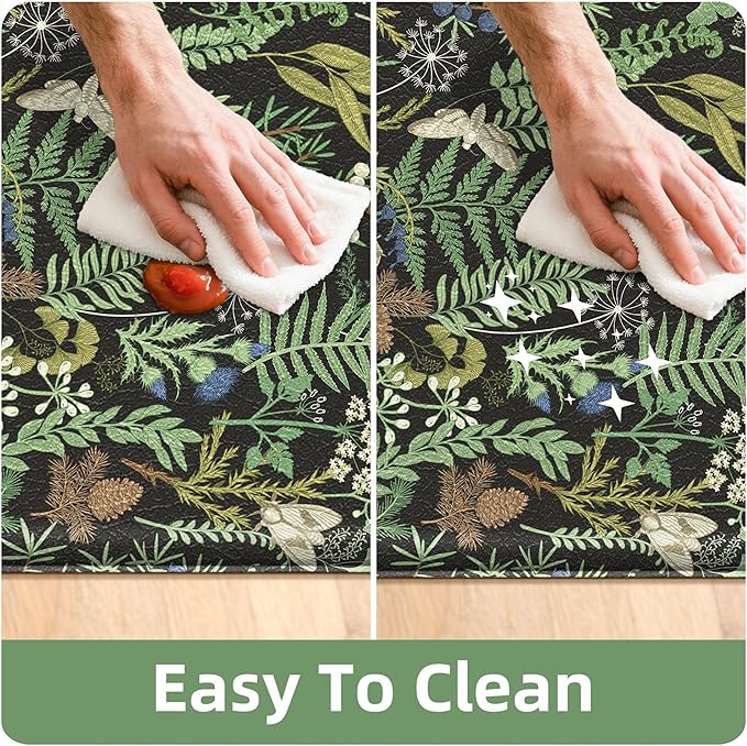 Black Green Botanical Kitchen Rugs Set of 2 Plant Leaf Anti-Fatigue Kitchen Mat Natural Comfort Standing Waterproof PVC Mats 2/5" Thick Leather Carpet for Laundry Office Sink(17.3" x28" + 17.3" x 59")