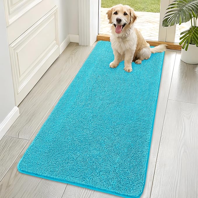 OLANLY Dog Door Mat for Muddy Paws 70x35, Absorbs Moisture and Dirt, Absorbent Non-Slip Washable Doormat, Quick Dry Chenille Mud Mat for Dogs, Entry Indoor Entryway Carpet for Inside Floor, Aqua Blue
