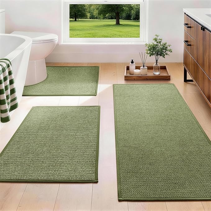 YIHOUSE Green Bathroom Rugs Sets 3 Piece, Quick Dry Thin Bath Mat with Toilet Rug, Non Slip Absorbent Machine Washable, Bath Runner Rugs for Bathtub Sink Home Decor