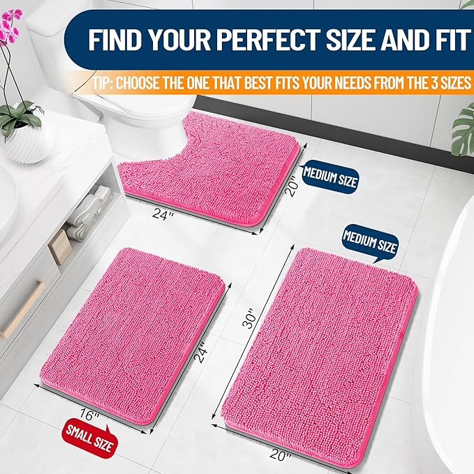 OLANLY Small Bathroom Rugs 24x16, Extra Soft Absorbent Chenille Bath Rugs, Rubber Backing Quick Dry, Machine Washable Bath Mats for Bathroom Floor, Tub and Shower, Home Decor Accessories, Hot Pink