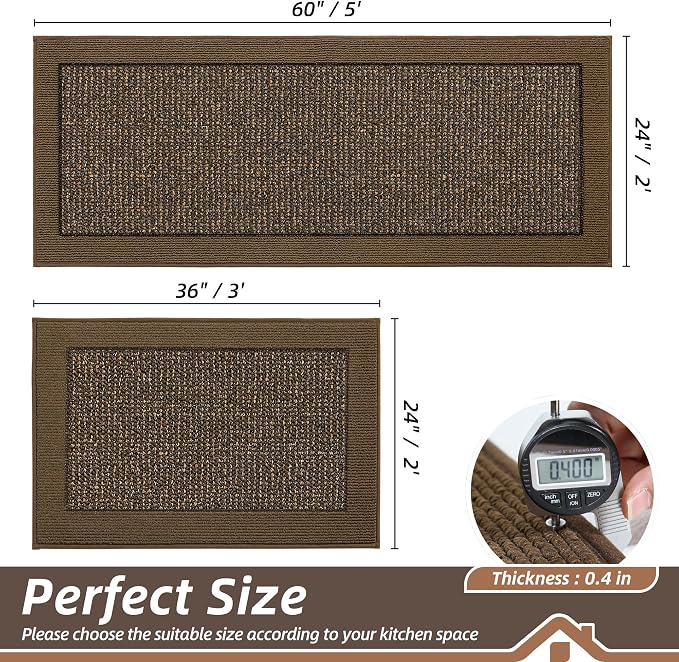 BEQHAUSE Kitchen Rugs and Mats Set of 2 Non-Slip Kitchen Mats for Floor, Absorbent and Stain Resistant Kitchen Runner, Machine Washable Rugs for Kitchen, Laundry & Sink, 24"x36"+24"x60", Brown