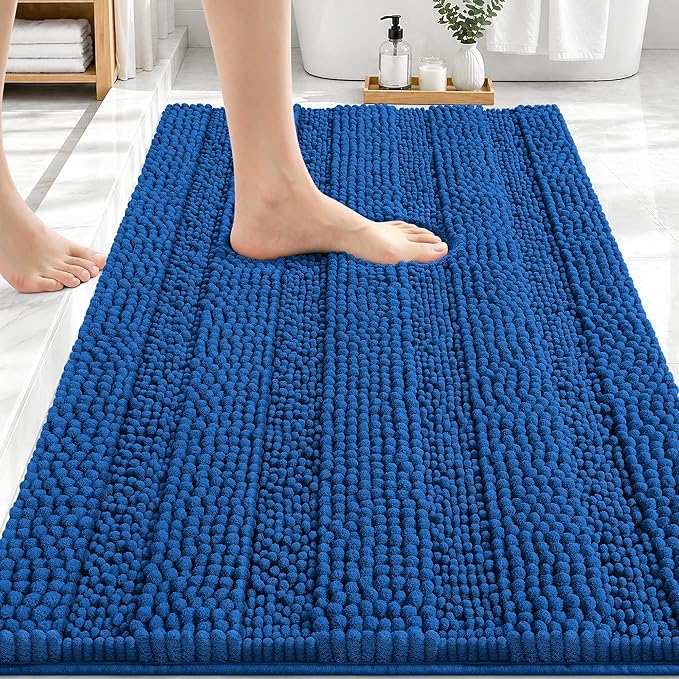 OLANLY Thick Bathroom Rugs 30x20, Extra Absorbent Chenille Striped Bath Rugs, Rubber Backing, Machine Wash Dry, Bath Mats for Bathroom Floor, Tub and Shower, Home Decor Accessories, Deep Navy Blue