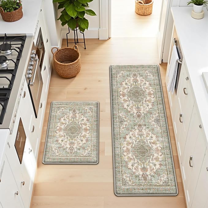 Boho Kitchen Mats for Floor 2 Piece Set Anti Fatigue Cushioned PVC Kitchen Rugs Non Slip Waterproof Farmhouse Mats 2/5 Inch Comfort Standing Mat for Laundry, 17.3"x59"+17.3"x28", Green Orange Beige