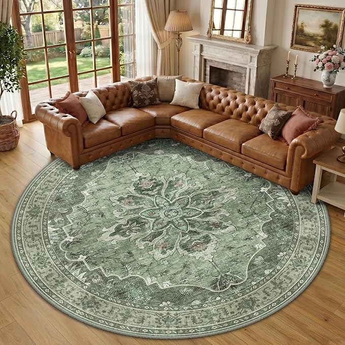 RELEANY Area Rugs Round 10ft Washable Non-Slip, Floral Vintage Distress Medallion Carpet for Living Room Bedroom Dining Room, Dark Green Gray