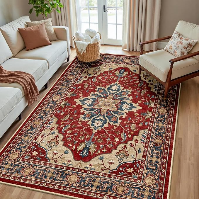 RELEANY Area Rugs 5'x8' Washable Non-Slip, Floral Vintage Distress Medallion Carpet for Living Room Bedroom Dining Room, Red Blue