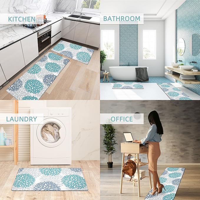 Teal Kitchen Mats Set of 2 Cushioned Anti Fatigue Kitchen Rugs Non Slip Waterproof Runner Memory Foam Kitchen Floor Mat Comfort Standing Mat for Sink,Office,Laundry