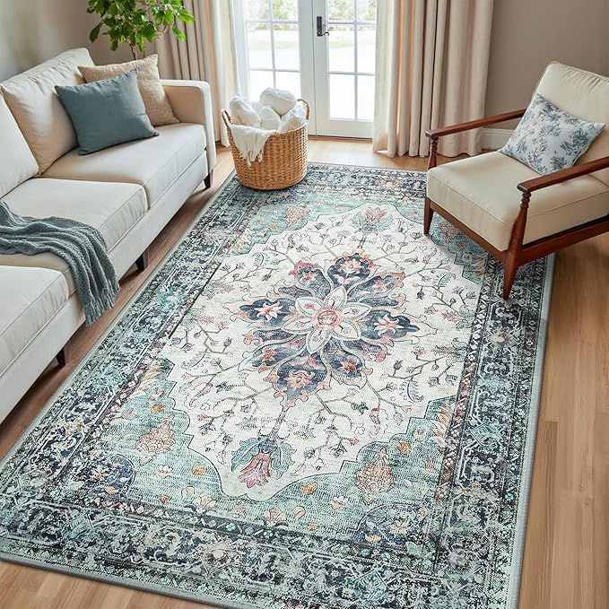 RELEANY Area Rugs 5'x8' Washable Non-Slip, Floral Vintage Distress Medallion Carpet for Living Room Bedroom Dining Room, Green Navy Blue White Red Teal