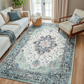 RELEANY Area Rugs 5'x8' Washable Non-Slip, Floral Vintage Distress Medallion Carpet for Living Room Bedroom Dining Room, Green Navy Blue White Red Teal