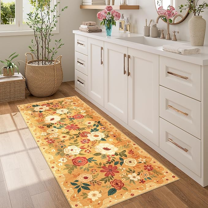 DUKINO 2x5 Runner Rug for Hallway, Washable Kitchen Floral Runner Rug with Non Slip Backing, Low Pile Soft Boho Carpet for Kitchen, Hallway, Entryway, Laundry, Bedroom, Orange