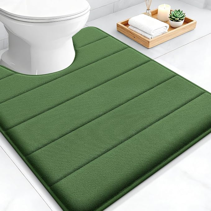 OLANLY Memory Foam Toilet Rugs U Shaped 24x20, Super Soft Absorbent Contour Bath Rugs, Quick Dry Machine Washable Toilet Mat, Bathmat Floor Carpet, Bathroom Home Decor Accessories, Olive Green