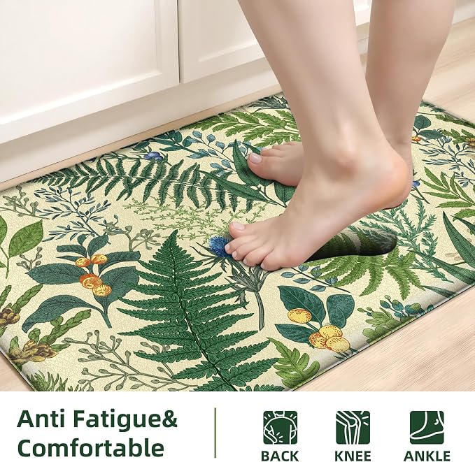 Beige Green Botanical Kitchen Rugs Set of 2 Plant Leaf Anti-Fatigue Kitchen Mat Natural Comfort Standing Waterproof PVC Mats 2/5" Thick Leather Carpet for Laundry Office Sink(17.3" x28" + 17.3" x 47")