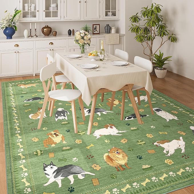 DUKINO 6x9 Rug for Living Room, Lightweight Animal Dog Print Washable Area Rug, Soft Non Slip & Low Pile Floor Mat, Stain Resistant Large Carpet for Bedroom, Nursery, Dining Room, Kids Playroom, Green