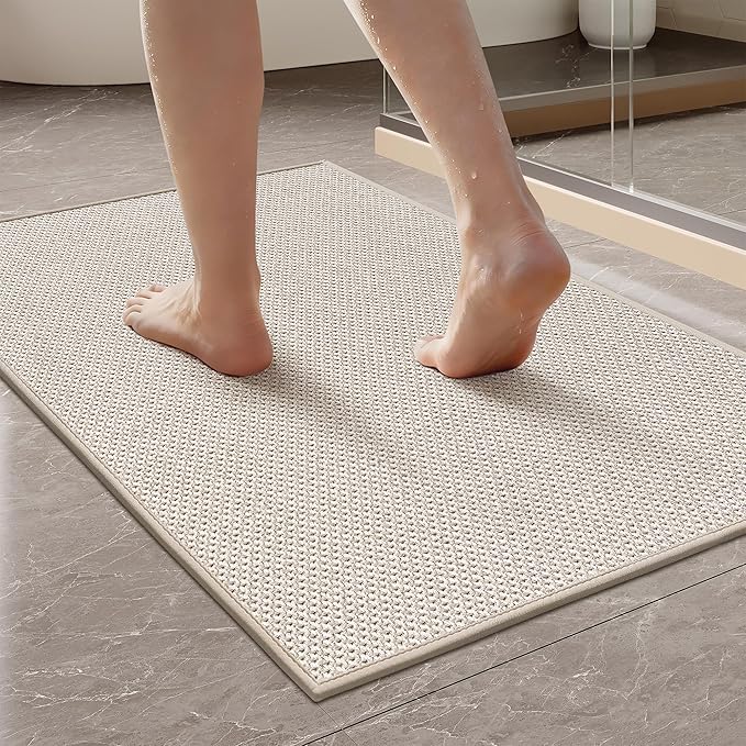 Mecko Bath Mat, Ultra Absorbent Quick Dry Bathroom Floor Mats-Upgraded Thin Cozy Cloth Bathroom Mat Fit Under Door, Rubber Non-Slip Bathroom Rug for Bathtub, Sink, Shower Room(Oatmeal,20"x32")