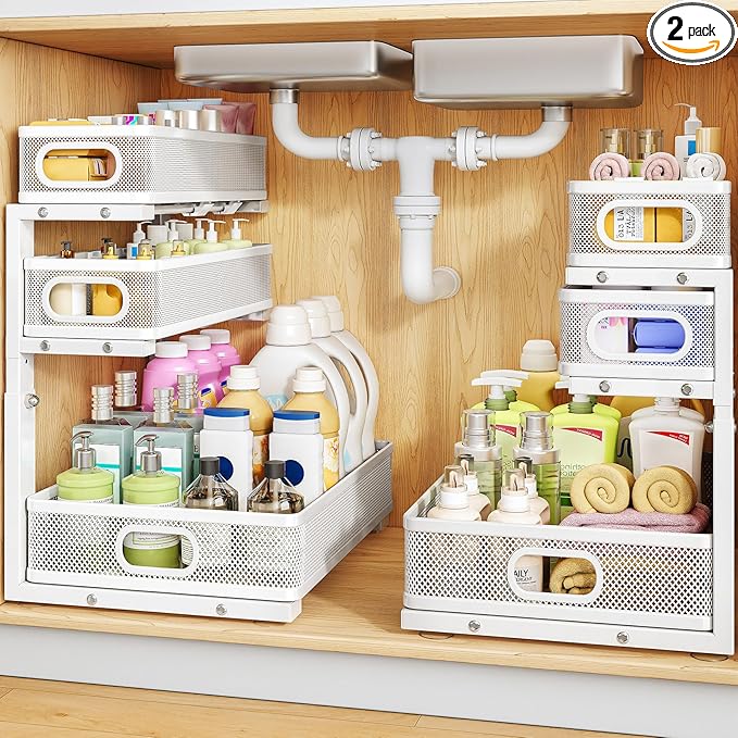 Under Sink Organizer, 2-Pack 3-Tier Thickened Metal Pull out Cabinet Organizer Shelf, Height Adjustable Slide out Storage Drawer Rack for Kitchen Bathroom Pantry Laundry Home Organization, White