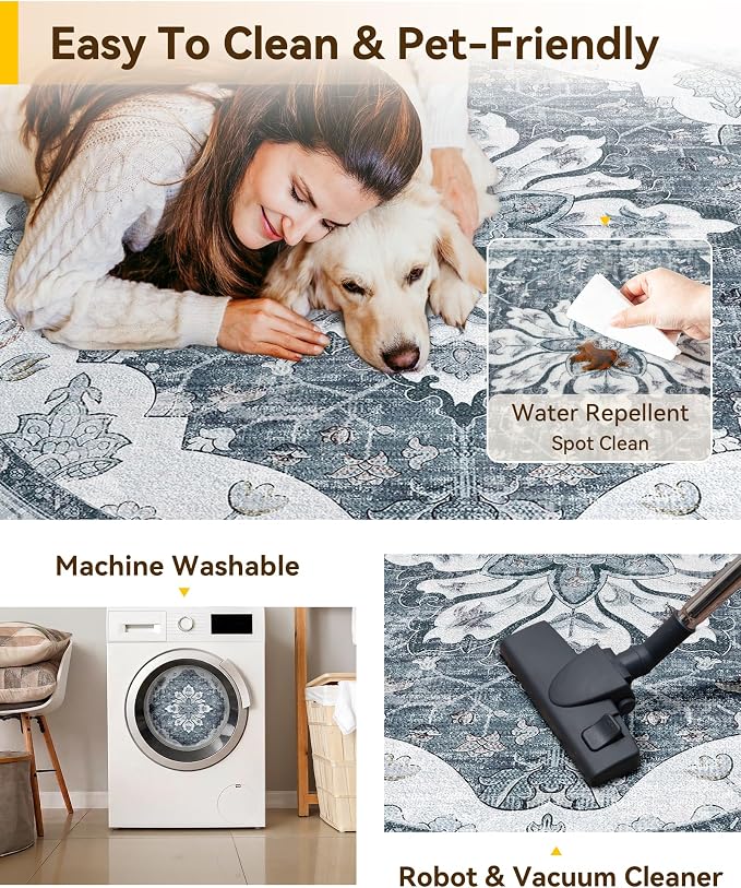 RELEANY Area Rugs Round 7ft Washable Non-Slip, Floral Vintage Distress Medallion Carpet for Living Room Bedroom Dining Room, Light Gray Grey White