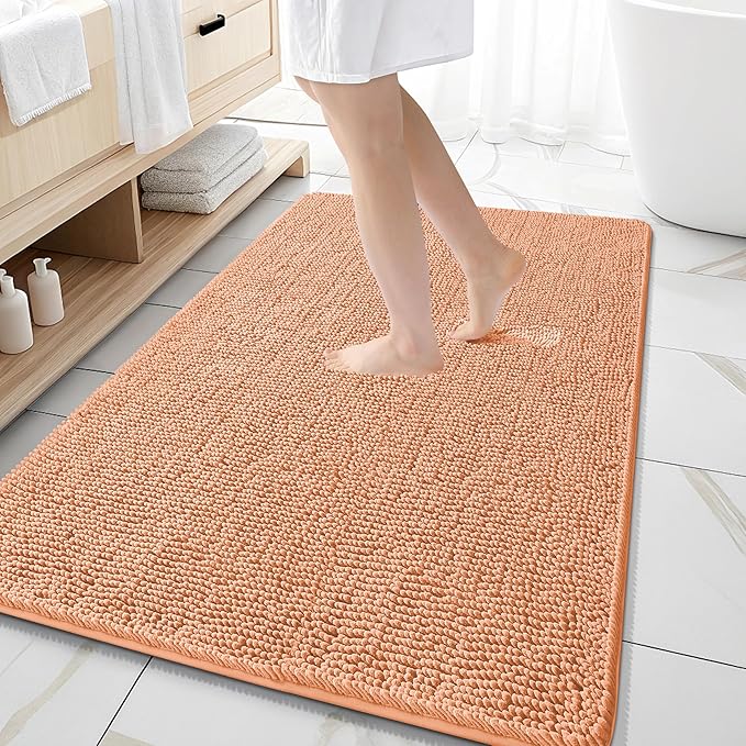 OLANLY Large Bathroom Rugs 59x35, Extra Soft Absorbent Chenille Bath Rugs, Rubber Backing Quick Dry, Machine Washable Bath Mats for Bathroom Floor, Tub and Shower, Home Decor Accessories, Peach