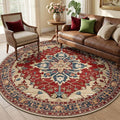 RELEANY Area Rugs Round 6ft Washable Non-Slip, Floral Vintage Distress Medallion Carpet for Living Room Bedroom Dining Room, Red Blue