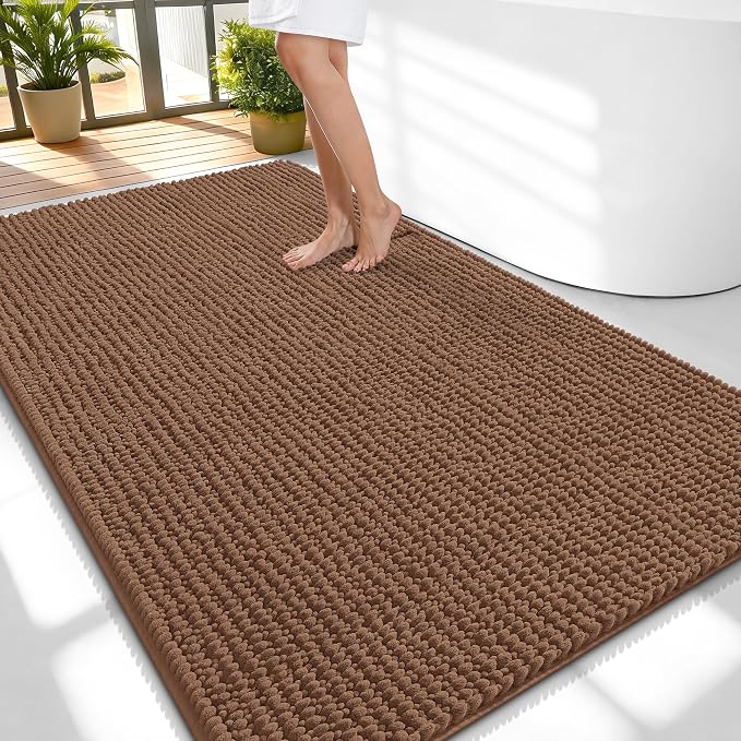 OLANLY Thick Large Bathroom Rugs 59x35, Extra Soft Absorbent Chenille Bath Rugs, Rubber Backing, Machine Wash Dry, Bath Mats for Bathroom Floor, Tub and Shower, Home Decor Accessories, Mocha
