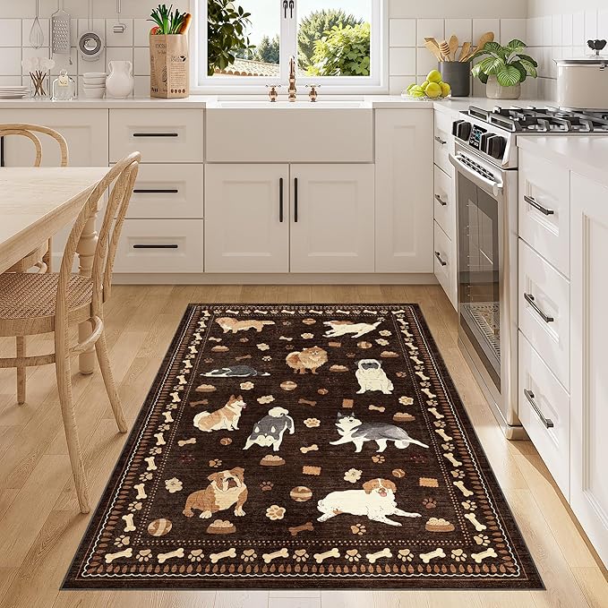 DUKINO 3x5 Area Rug, Lightweight Washable Entryway Rug with Non Slip & Low Pile, Soft Non Shedding Animal Dog Print Pattern Indoor Throw Carpet for Bedroom, Kitchen, Bathroom, Kids Room, Office, Brown