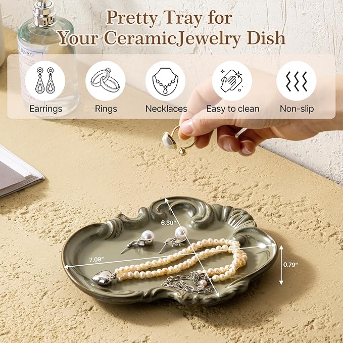 Ceramic Ring Dish, Jewelry Tray, Jewelry Dish, Cute Trinket Tray, Ceramic Trinket Dish, Small Key Bowl, Aesthetic Nightstand Organizer for Keys Coins, Trinket Tray for Vanity, Gift for Mom, Green