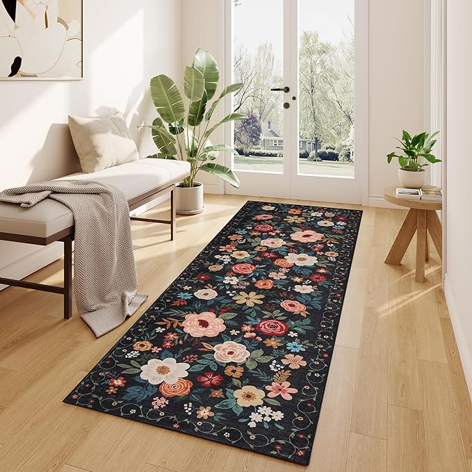 DUKINO Runner Rug, 2.6x8 Kitchen Rugs for Hallway with Non Slip Backing, Washable Low Pile Soft Boho Floral Runner Carpet for Hallway, Kitchen, Entryway, Laundry, Bedroom, Black