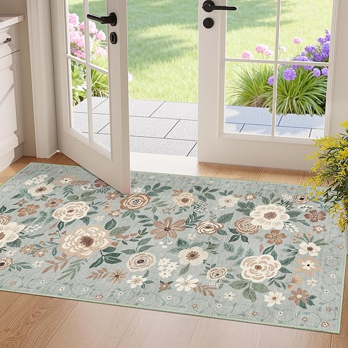 DUKINO 2x4 Rug for Entryway, Washable Kitchen Floral Runner Rug with Non Slip Backing, Low Pile Soft Boho Carpet for Kitchen, Hallway, Entryway, Laundry, Bedroom, Sage Green