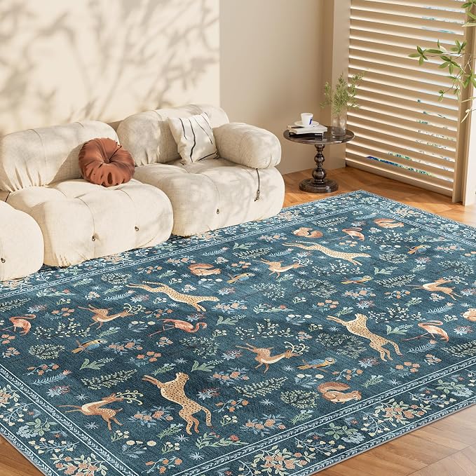 DUKINO 8x10 Rug, Washable Animal Living Room Rug with Non Slip Vintage Design, Soft Low Pile Large Carpet for Bedroom, Nursery, Dining Room, Farmhouse, Playroom, Blue