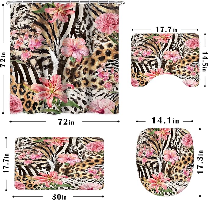 4 PCS Leopard Floral Shower Curtain Set 72Wx72H,Toilet Lid Cover,Non-Slip Rugs and U-Shaped Mat, Zebra Print Flower Bathroom Sets with Rugs Shower Accessories 12 Hooks for Bathroom Decor