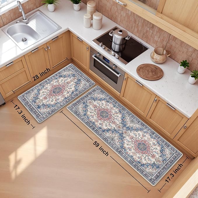 Boho Kitchen Mats for Floor 2 Piece Set Anti Fatigue Cushioned PVC Kitchen Rugs Non Slip Waterproof Farmhouse Mats 2/5 Inch Comfort Standing Mat for Sink, Laundry, 17.3"x59"+17.3"x28", Retro Blue