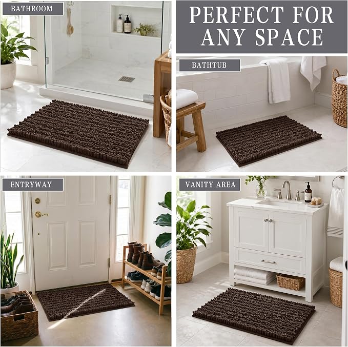 Yimobra Bathroom Rugs Non Slip Washable - Ultra Soft Absorbent Chenille Bath Mat, Quick Dry Shaggy Floor Carpet for Tub Shower, Brown Home Decor Accessories, 24x17 Inch