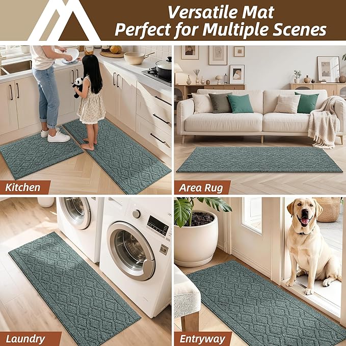 COSY HOMEER Kitchen Rugs Sets 2PCS,Non-Slip Washable Kitchen Mats for Floor,Absorbent and Stain Resistant Kitchen Runner Rugs for Kitchen Sink Laundry Entryway,20"x30"+20"x48",Heather Green