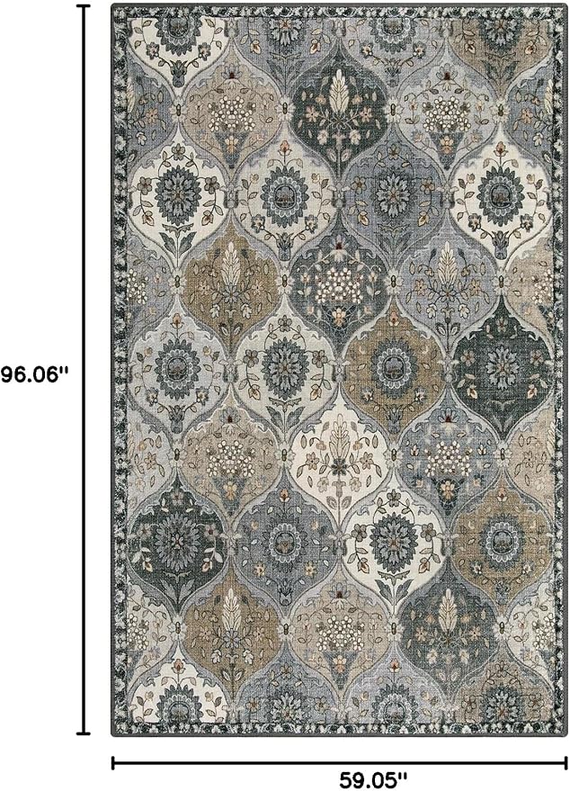 Lahome Moroccan Washable Living Room Rug, 5x8 Rugs for Bedroom Dining Room, Soft Non-Slip Non Shedding Boho Distressed Throw Carpet for Nursery Office Elise, Grey