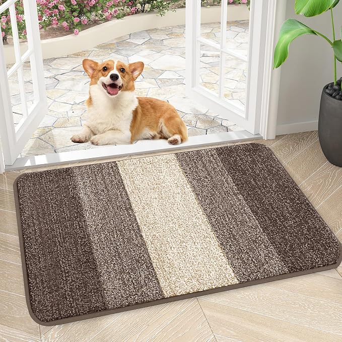 Kitinjoy Indoor Outdoor Door Mat, 30x17 Non-Slip Absorbent Dirt Trapper, Low-Profile Washable Inside Entrance Front Floor Mat, Sturdy Soft Entry Doormats for Entryway, Light Brown