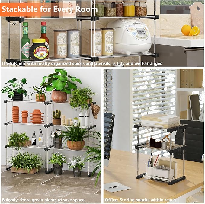 BLULEE Expandable Under Sink Organizer, 2-Tier Adjustable Storage Shelf with Hooks, Heavy-Duty Stainless Steel Cabinet Rack for Kitchen Pantry & Bathroom Vanity, Stackable Organization System