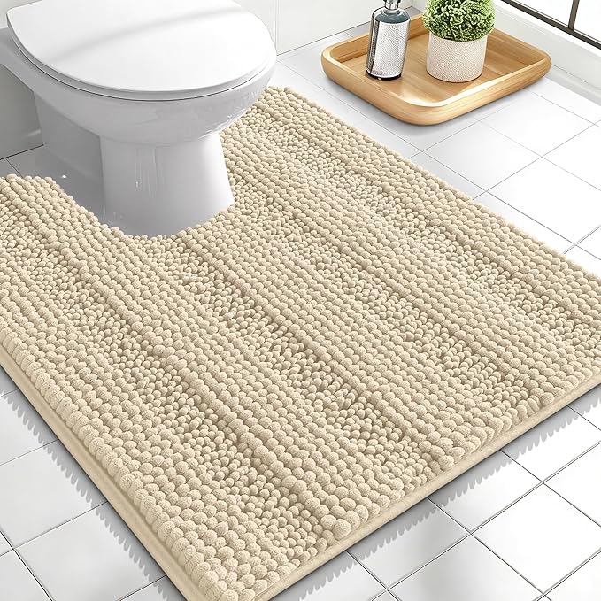 OLANLY Thick Toilet Rugs U-Shaped 24x20, Extra Soft Absorbent Chenille Striped Contour Bathroom Rugs for Toilet, Dry Quickly, Machine Washable, Non-Slip Bath Mat, Sand