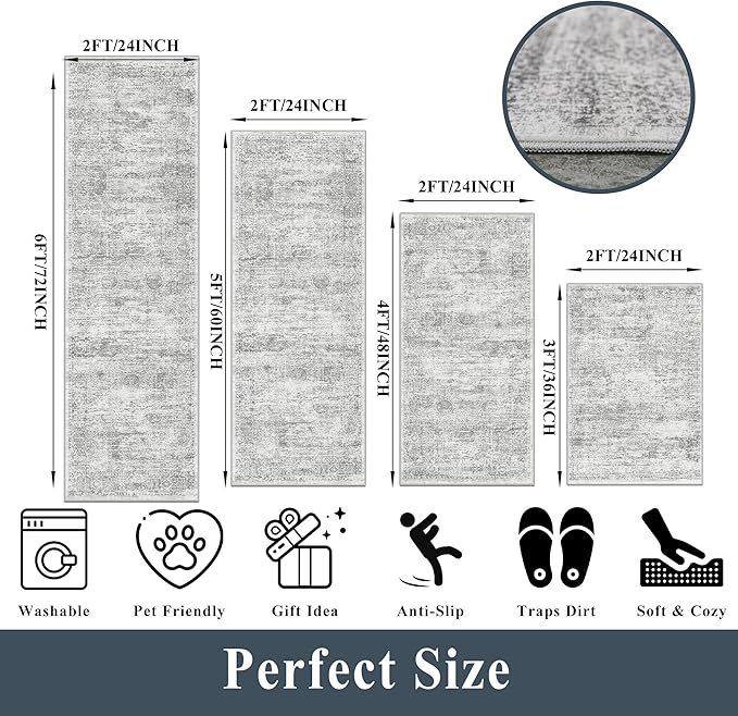 Washable Kitchen Rugs Sets of 4, Non Slip Standing Mat Rug, Stain Resistant Waterproof Kitchen Mats for Floor Kitchen Sink Laundry Entryway (Grey Ivory, 2x3+2x4+2x5+2x6)