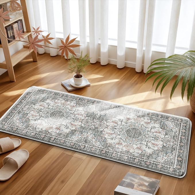 Boho Kitchen Mats for Floor 2 Piece Set Anti Fatigue Cushioned PVC Kitchen Rugs Non Slip Waterproof Farmhouse Mats 2/5 Inch Comfort Standing Mat for Sink, Laundry, 17.3"x59"+17.3"x28", Beige Grey