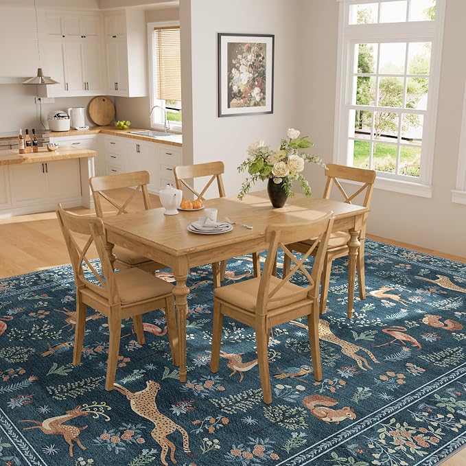 DUKINO 8x10 Rug, Washable Animal Living Room Rug with Non Slip Vintage Design, Soft Low Pile Large Carpet for Bedroom, Nursery, Dining Room, Farmhouse, Playroom, Blue