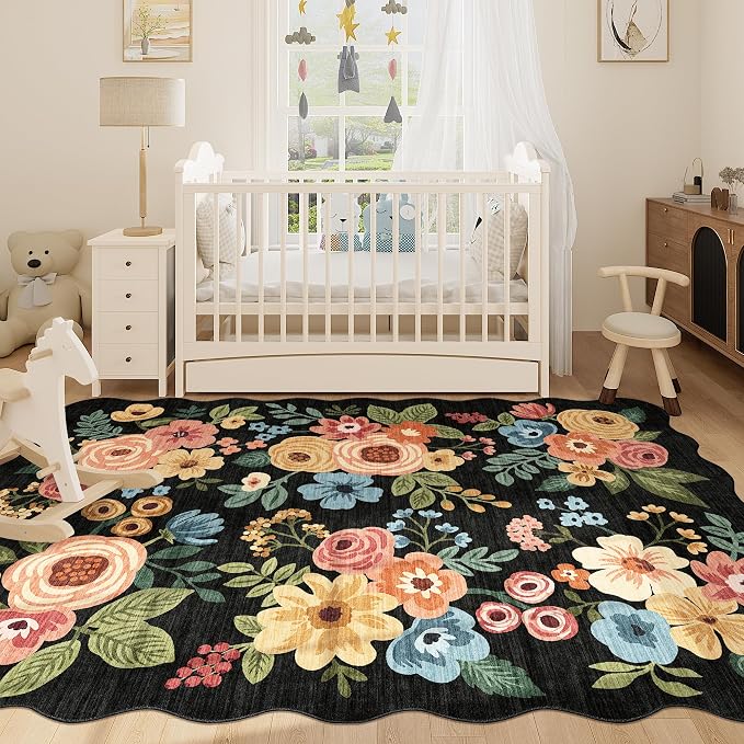 DUKINO 5x7 Area Rug, Floral Washable Rugs for Living Room with Non Slip Backing & Non-Shedding, Lightwight Low Pile Boho Design Large Carpets for Bedroom, Living Room, Dining Room, Black