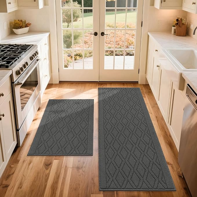 COSY HOMEER 60x24Inch/35X24Inch Kitchen Rugs Sets Non-Slip Washable Kitchen Mats for Floor Polypropylene Absorbent Kitchen Runner for Kitchen Sink Hallway Entryway(Grey)