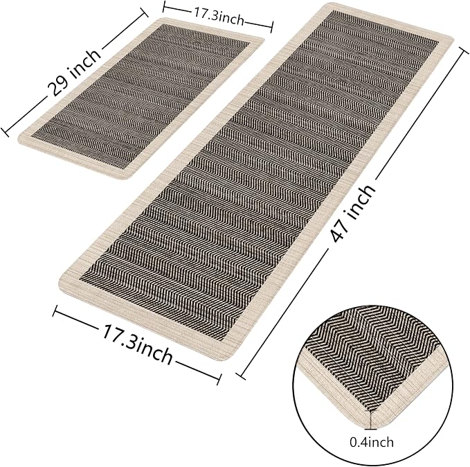 Black Vintage Boho Elegance Kitchen Rug Sets [2 PCs], Anti-Fatigue, Waterproof Non-Slip Kitchen Mats Heavy Duty Comfort Foam Rug for Kitchen, Floor, Laundry,17"x29"+17"x47"